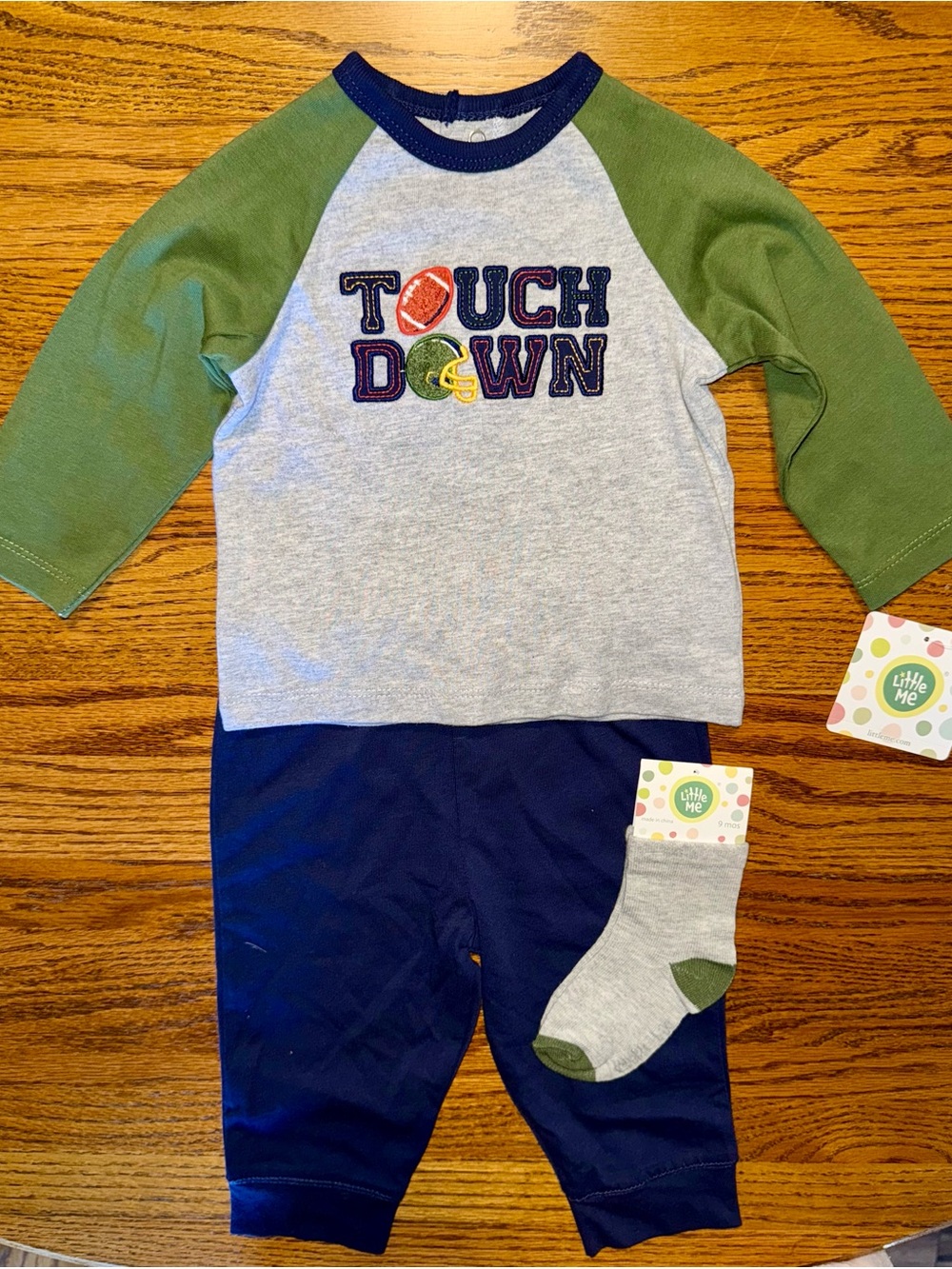 Little Me 9M NWT- Touchdown Raglan Set - Gray, Olive & Navy
